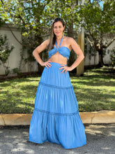 Load image into Gallery viewer, &quot;Emilie&quot; Front Tie Ruffle  Denim Crop Top And Maxi Skirt
