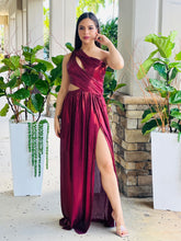 Load image into Gallery viewer, &quot;Hollie&quot; Wine Metallic Cut Out One Shoulder Maxi Dress
