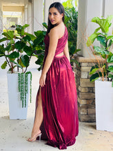 Load image into Gallery viewer, &quot;Hollie&quot; Wine Metallic Cut Out One Shoulder Maxi Dress
