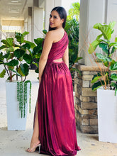 Load image into Gallery viewer, &quot;Hollie&quot; Wine Metallic Cut Out One Shoulder Maxi Dress
