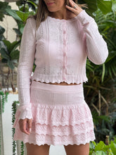 Load image into Gallery viewer, &quot;Lily&quot; Bow Pointelle knit long sleeve button detail cardigan and matching mini skirt set. Lining.

