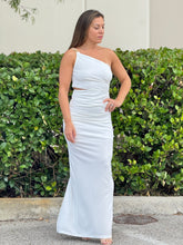 Load image into Gallery viewer, &quot;Lauren&quot; One Shoulder Sleeve Gold Accent Stretching Dress
