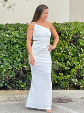Load image into Gallery viewer, &quot;Lauren&quot; One Shoulder Sleeve Gold Accent Stretching Dress

