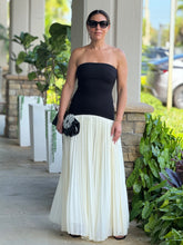 Load image into Gallery viewer, &quot;Mirella&quot; Strapless Fitted Dropped Waist Bodice Pleated Skirt Mix Maxi Dress.
