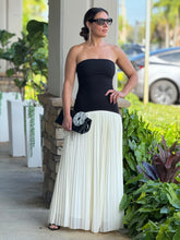 Load image into Gallery viewer, &quot;Mirella&quot; Strapless Fitted Dropped Waist Bodice Pleated Skirt Mix Maxi Dress.
