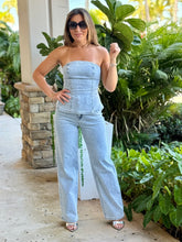 Load image into Gallery viewer, &quot; Giorgia&quot; Beaded Denim Strapless Top And High Waisted Pants Set
