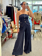 Load image into Gallery viewer, &quot;Claire&quot; Strapless Denim/Linen Gold Buttons Top And Matching Pants
