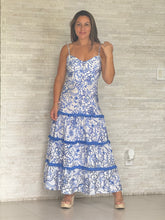 Load image into Gallery viewer, &quot;Azul&quot; Fringed Trim Blue Floral Tiered Maxi Dress
