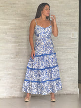 Load image into Gallery viewer, &quot;Azul&quot; Fringed Trim Blue Floral Tiered Maxi Dress
