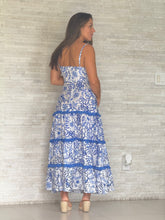Load image into Gallery viewer, &quot;Azul&quot; Fringed Trim Blue Floral Tiered Maxi Dress

