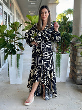 Load image into Gallery viewer, &quot;Amanda&quot; Women Woven Geometric Print Long Sleeve Maxi Dress with Tie Front
