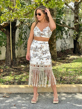 Load image into Gallery viewer, &quot;Dalhi&quot; Printed Bra Top And High Waisted Fringe Trim Hem Midi Skirt Set
