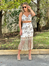 Load image into Gallery viewer, &quot;Dalhi&quot; Printed Bra Top And High Waisted Fringe Trim Hem Midi Skirt Set
