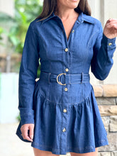 Load image into Gallery viewer, &quot;Tiara&quot; Long Sleeve Belted Denim Mini Dress
