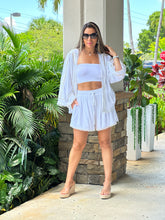 Load image into Gallery viewer, &quot;True&quot; Viscose linen mix eyelet lace trimmed kimono top with self tie belt and matching elastic drawstring waistband shorts set
