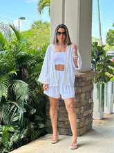 Load image into Gallery viewer, &quot;True&quot; Viscose linen mix eyelet lace trimmed kimono top with self tie belt and matching elastic drawstring waistband shorts set
