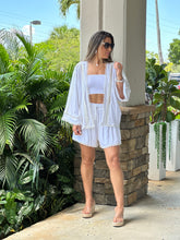 Load image into Gallery viewer, &quot;True&quot; Viscose linen mix eyelet lace trimmed kimono top with self tie belt and matching elastic drawstring waistband shorts set
