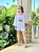 Load image into Gallery viewer, &quot;True&quot; Viscose linen mix eyelet lace trimmed kimono top with self tie belt and matching elastic drawstring waistband shorts set
