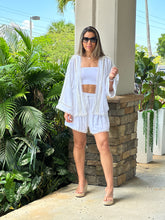 Load image into Gallery viewer, &quot;True&quot; Viscose linen mix eyelet lace trimmed kimono top with self tie belt and matching elastic drawstring waistband shorts set
