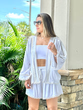 Load image into Gallery viewer, &quot;True&quot; Viscose linen mix eyelet lace trimmed kimono top with self tie belt and matching elastic drawstring waistband shorts set
