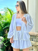 Load image into Gallery viewer, &quot;True&quot; Viscose linen mix eyelet lace trimmed kimono top with self tie belt and matching elastic drawstring waistband shorts set
