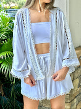 Load image into Gallery viewer, &quot;True&quot; Viscose linen mix eyelet lace trimmed kimono top with self tie belt and matching elastic drawstring waistband shorts set
