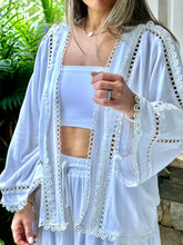 Load image into Gallery viewer, &quot;True&quot; Viscose linen mix eyelet lace trimmed kimono top with self tie belt and matching elastic drawstring waistband shorts set
