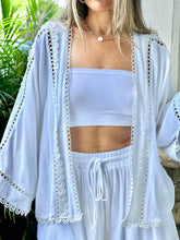 Load image into Gallery viewer, &quot;True&quot; Viscose linen mix eyelet lace trimmed kimono top with self tie belt and matching elastic drawstring waistband shorts set
