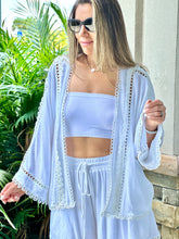 Load image into Gallery viewer, &quot;True&quot; Viscose linen mix eyelet lace trimmed kimono top with self tie belt and matching elastic drawstring waistband shorts set
