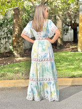 Load image into Gallery viewer, &quot;Alma&quot; Tie Dye V-Neck Angel Sleeve Lace Maxi Dress
