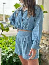 Load image into Gallery viewer, &quot;Pia&quot; Denim Long Sleeve Blouse Ad Shorts Set
