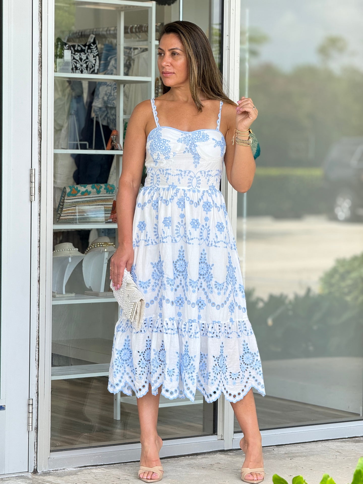 Corset style Blue embroidery Midi Dress