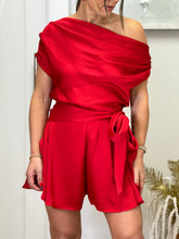 Load image into Gallery viewer, &quot;Briana&quot; Satin Off The Shoulder Drape Romper
