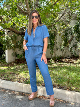 Load image into Gallery viewer, &quot;Eva&quot; Short Sleeve Button Up Denim Jumpsuit
