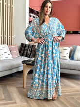 Load image into Gallery viewer, &quot;Fabiola&quot; Dolman Sleeve Tie Front Waisted Border Print Maxi Dress
