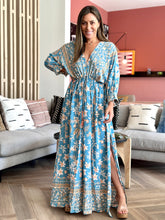 Load image into Gallery viewer, &quot;Fabiola&quot; Dolman Sleeve Tie Front Waisted Border Print Maxi Dress
