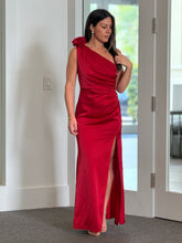 Load image into Gallery viewer, &quot;Maple&quot; Chain Trim One Shoulder Gathered Maxi Dress
