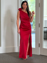 Load image into Gallery viewer, &quot;Maple&quot; Chain Trim One Shoulder Gathered Maxi Dress
