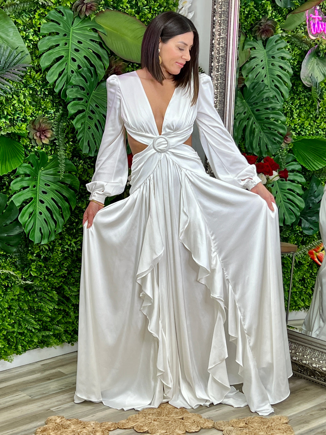 “Francesca” Satin Long Sleeve With Ruffes Maxi Dress