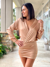 Load image into Gallery viewer, &quot;Alba&quot; Satin long sleeve open shirt mini dress with skirt ruched detail. No front closure. Open shirt style.
