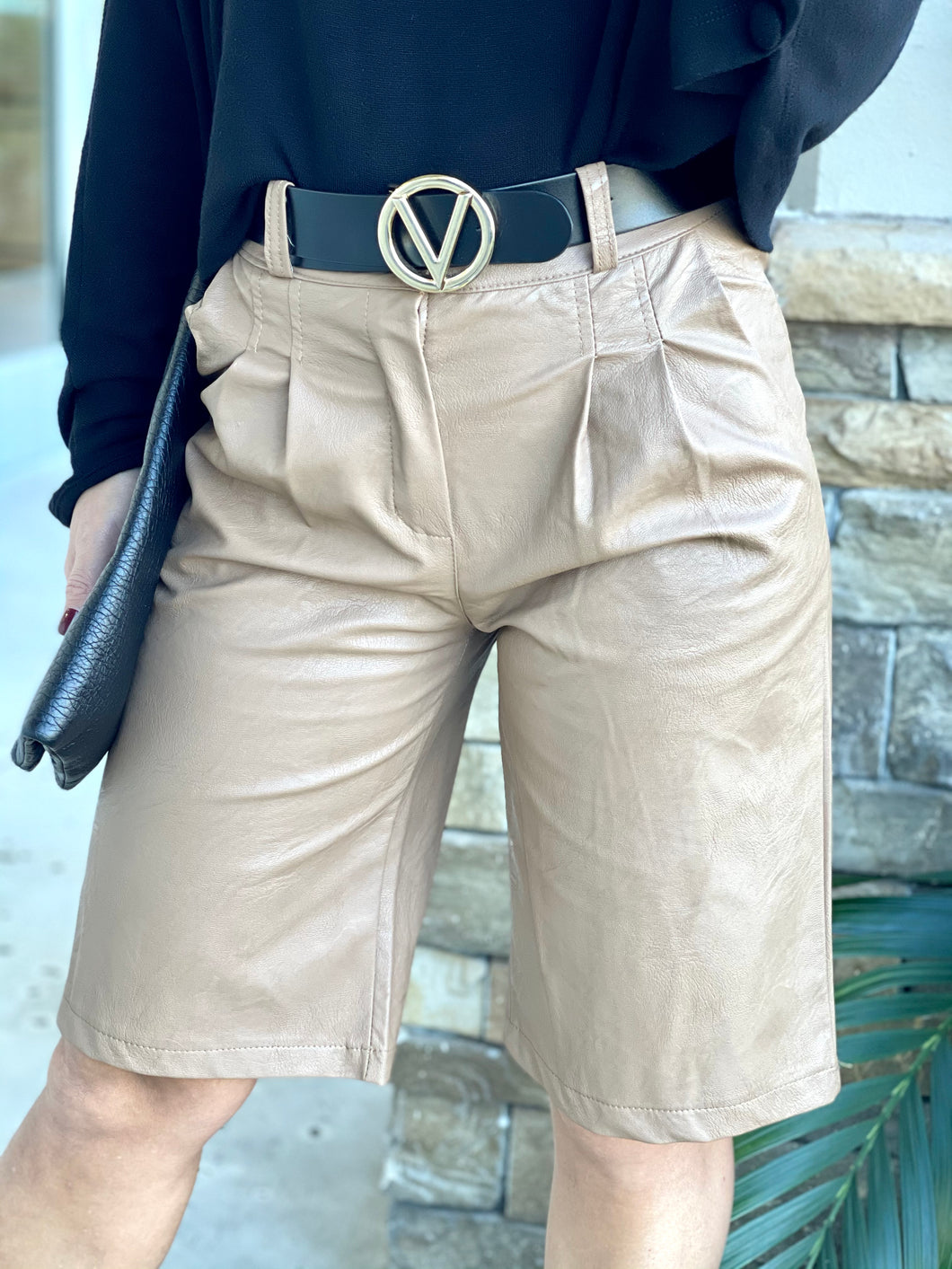 Camel Color Leather Bermuda Shorts With Pockets