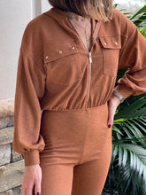 Load image into Gallery viewer, Camel Chic N Comfy Zip-Up Hoodie Romper
